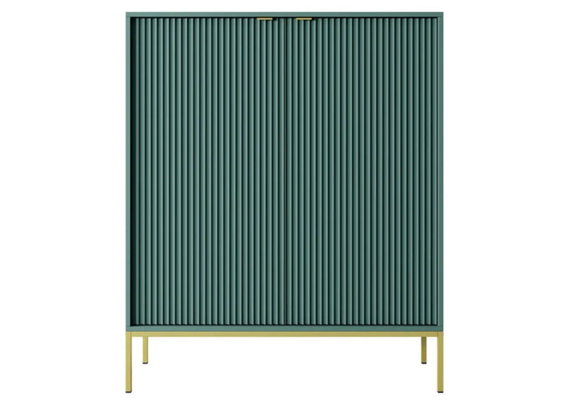 Turkusowa komoda na złotych, metalowych nóżach