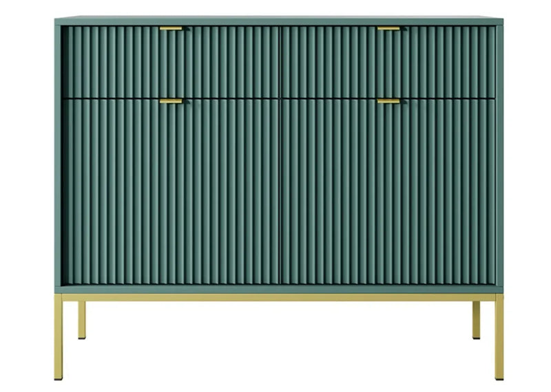 Zielona komoda ze złotymi akcentami na wysokich nogach