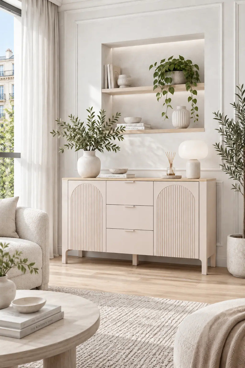 Komoda Marbella w kolorze kaszmiru z ryflowanymi frontami w kształcie łuku, trzema szufladami i blatem w dekorze dąb Vicenza, w eleganckim, jasnym salonie.