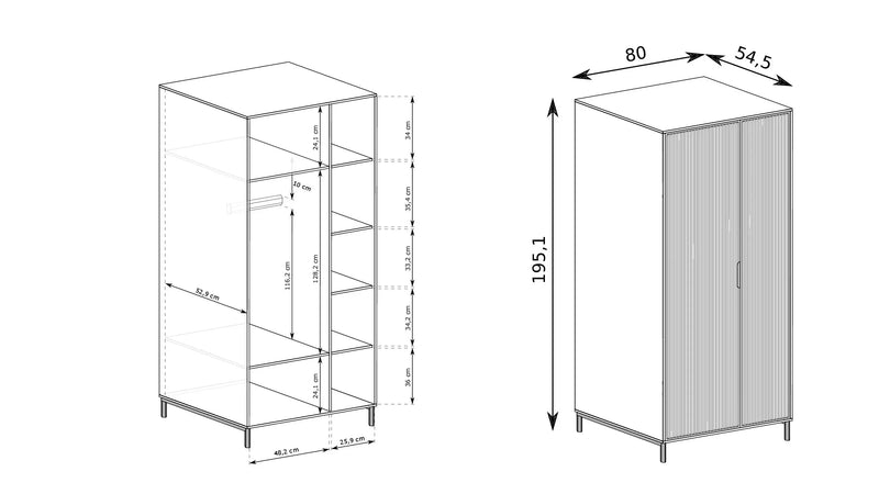 Szafa dwudrzwiowa z ryflowanymi frontami kaszmir z rozmiarami