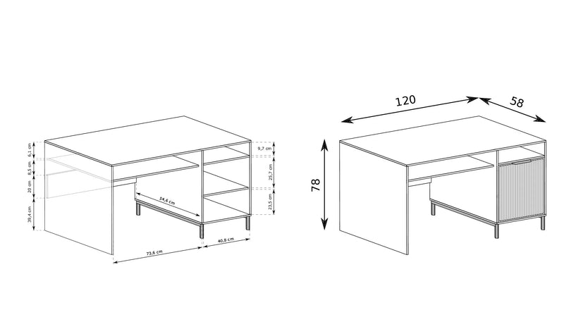 Biurko z szafką i półką na klawiaturę w kolorze kaszmir z wymiarami

