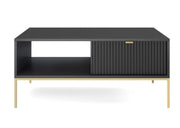 Elegancki czarny stolik kawowy z szufladami i złotymi dodatkami