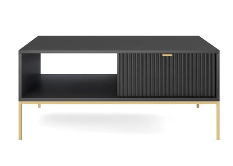 Elegancki czarny stolik kawowy z szufladami i złotymi dodatkami