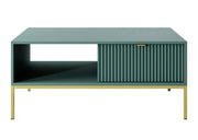 Zielony stolik kawowy na złotych nóżkach i ryflowanymi szufladami