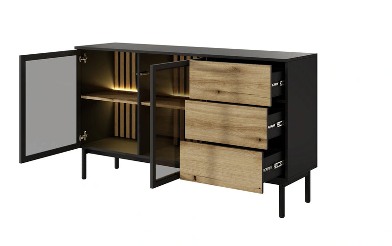 Duża komoda z led z otwartymi szufladami i drzwiami
