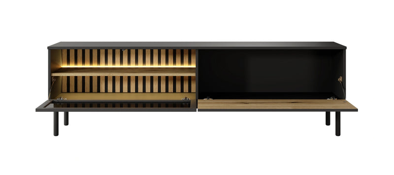 Duża szafka RTV z LED i lamelami - Lark z otwartymi szafkami