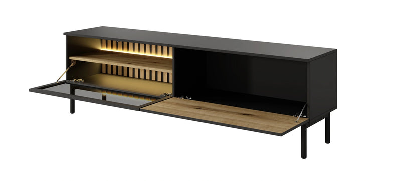 Duża szafka RTV z LED i lamelami - Lark z boku z uchylonymi drzwiami
