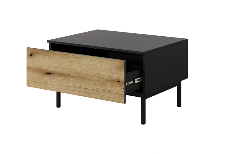 Stolik kawowy na metalowych nogach Lark od boku z otwartą szufladą