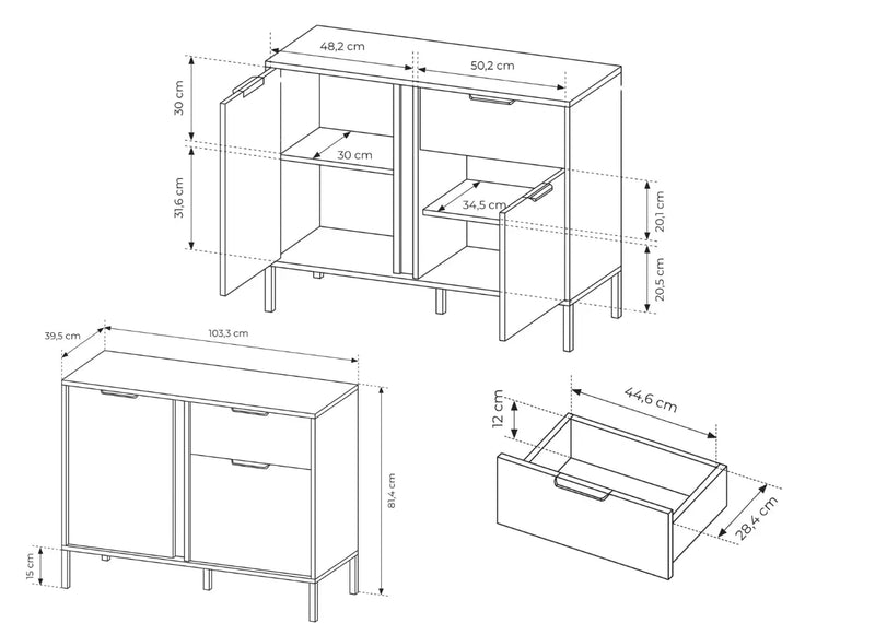 Mała komoda w kolorze antracytowym Lilah z wymiarami