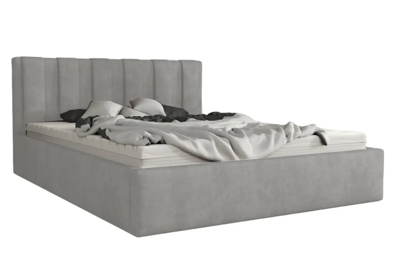 Jasno szare łóżko z pojemnikiem i stelażem