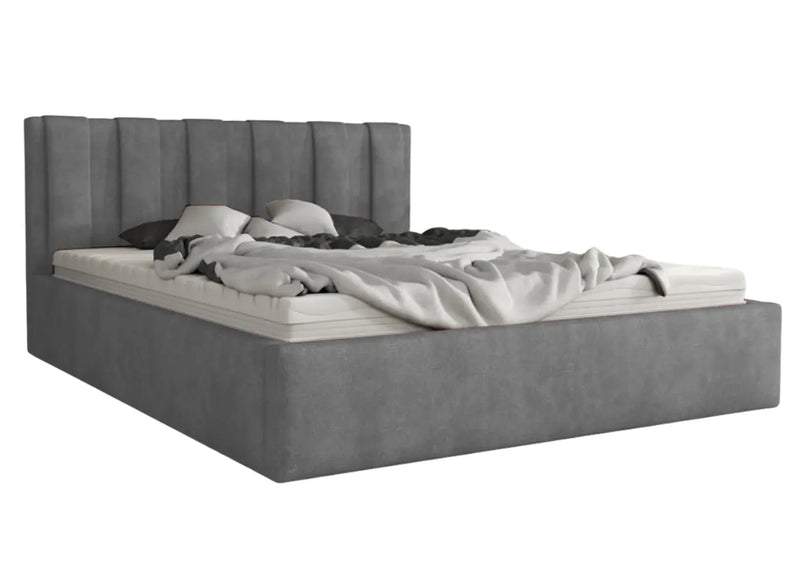 Ciemnoszare łóżko z dwukomorowym pojemnikiem na pościel