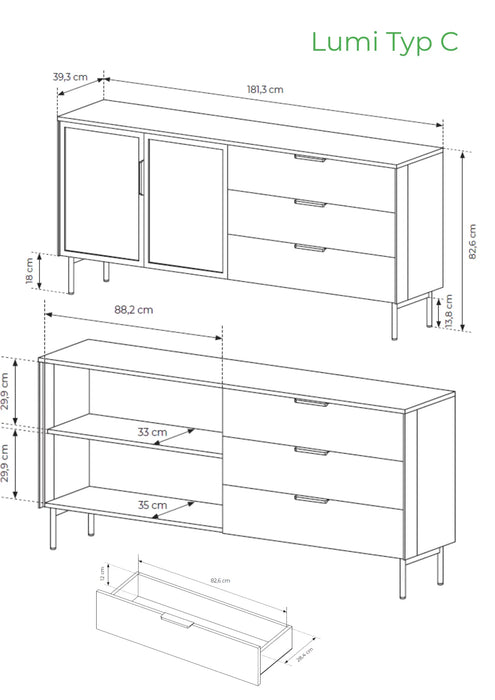 Wymiary komody kaszmir Lumi typ C