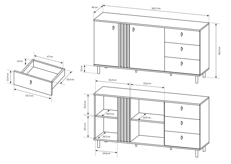 Komoda z szufladami i półkami wraz z wymiarami na szkicu