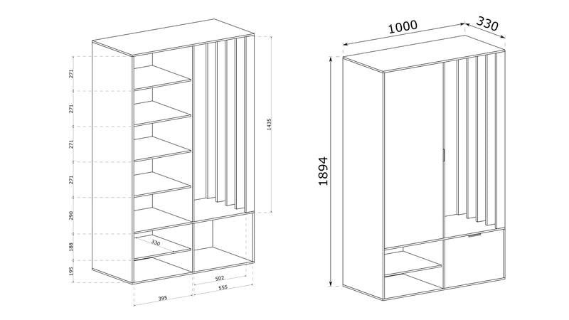 Szkic garderoby Mia Unic wraz z wymiarami