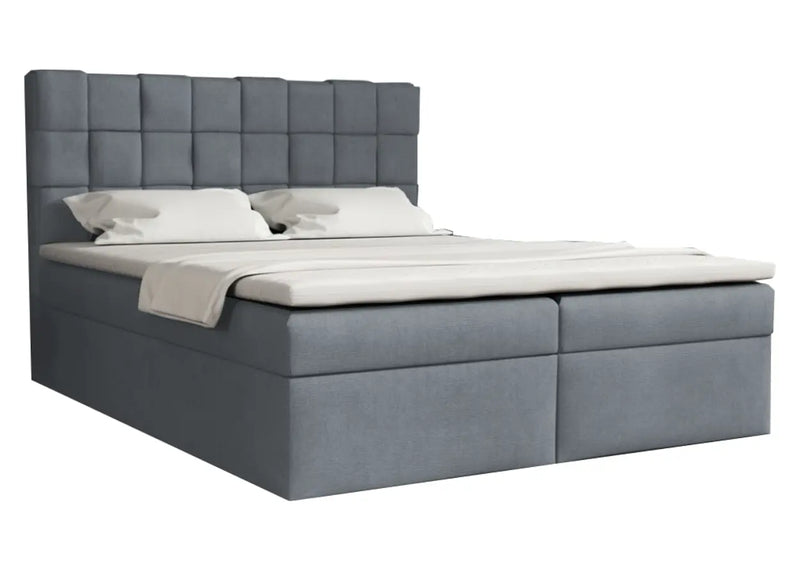 Szare łóżko kontynentalne z plecionym zagłowkiem