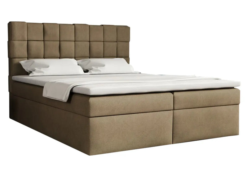 Beżowe łóżko kontynentalne z plecionym zagłowkiem