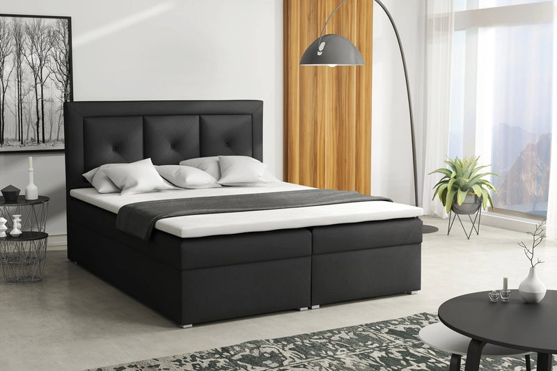 Czarne łóżko Modeno Plus Box z unikalnym zagłówkiem i dużym pojemnikiem na pościel w sypialni