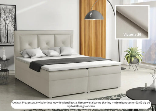 Kremowe łóżko Modeno Plus Box z unikalnym zagłówkiem i dużym pojemnikiem na pościel w sypialni