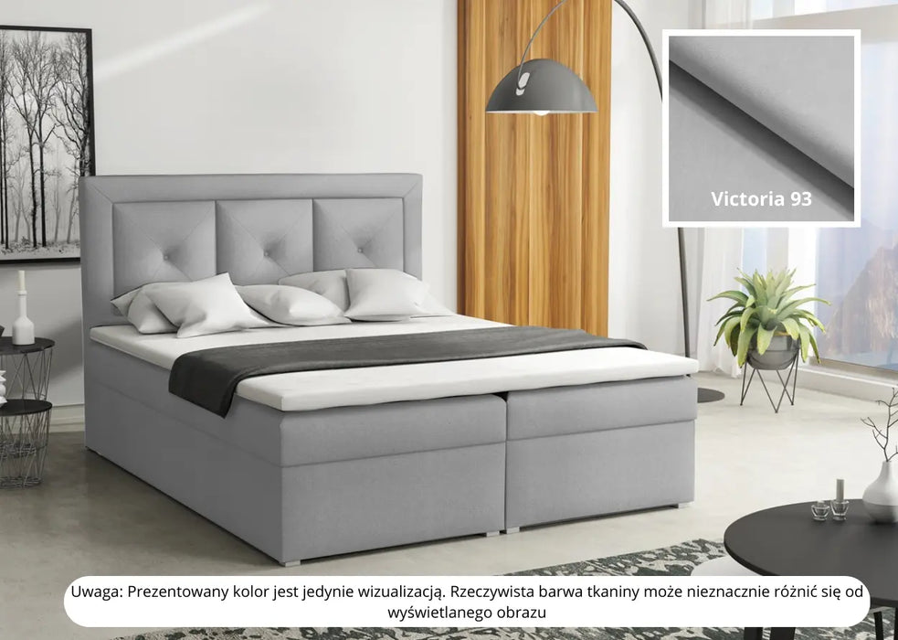 Jasno szare łóżko Modeno Plus Box z unikalnym zagłówkiem i dużym pojemnikiem na pościel w sypialni