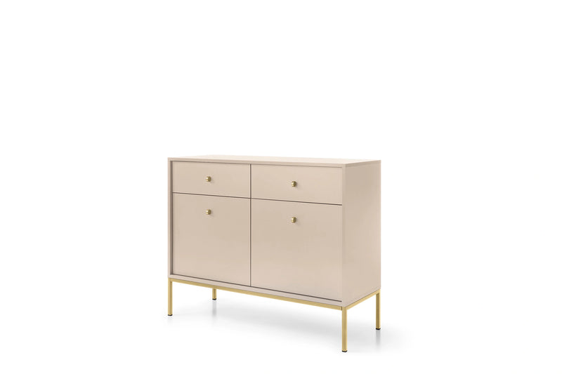 Mała komoda beżowa Monolith na złotych nogach od boku