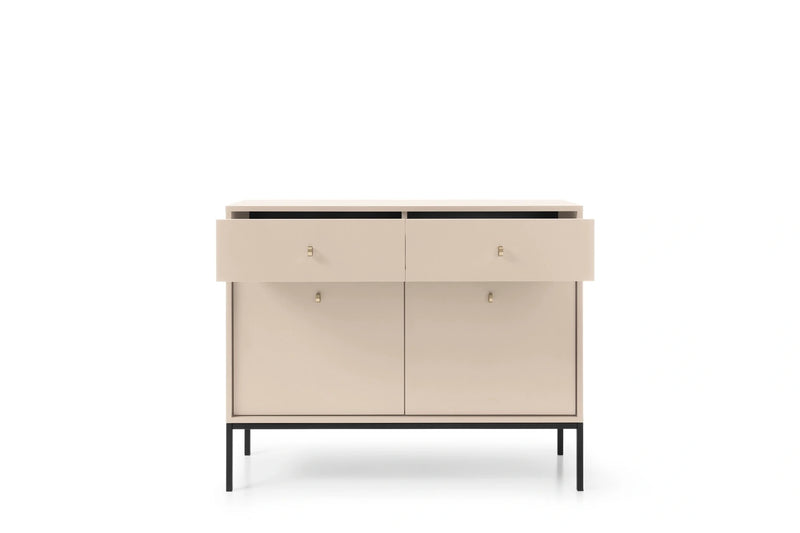 Mała komoda beżowa Monolith z otwartymi szufladami