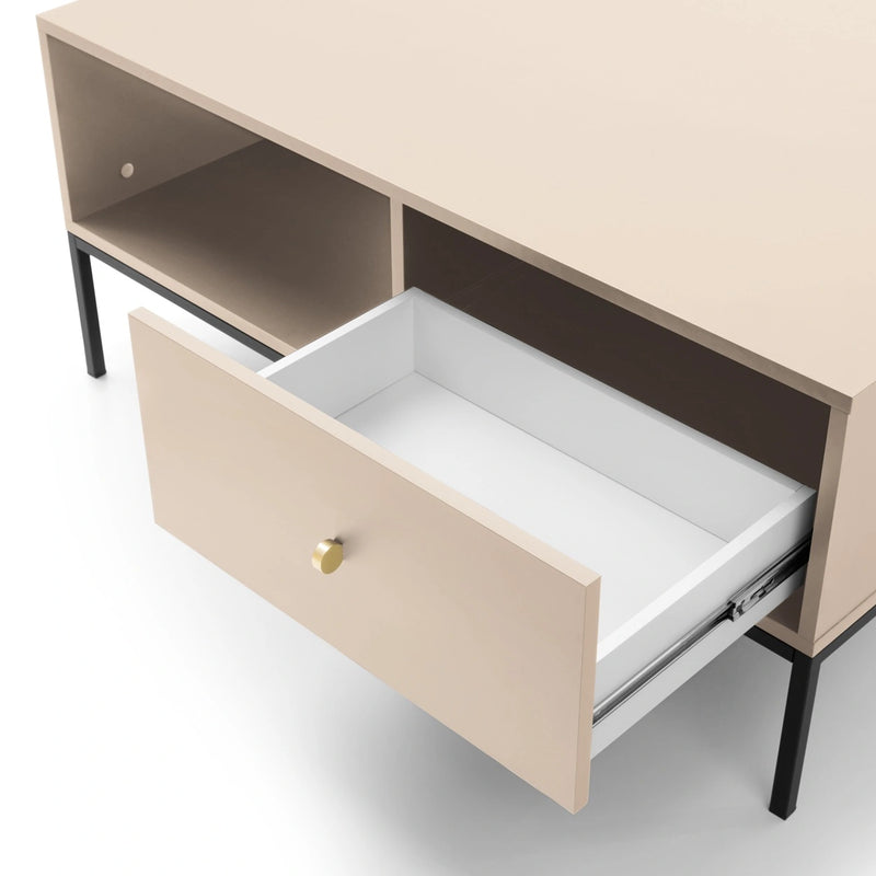 Beżowa ława do salonu Monolith L104 ze zbliżeniem na szuflade