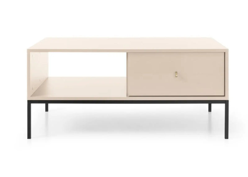 Beżowa ława do salonu na czarnych nogach