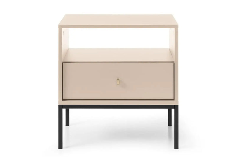 Beżowy stolik nocny z szufladą na czarnych nóżkach