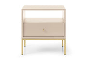 Beżowy stolik nocny z szufladą na złotych nóżkach
