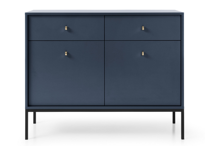 Komoda w ciemnym granatowym kolorze wraz ze złotymi uchytami