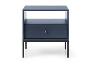 Granatowy stolik nocny z szufladą na czarnych nogach