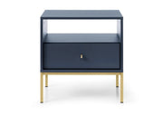 Granatowy stolik nocny z szufladą i pięknymi, złotymi dodatkami