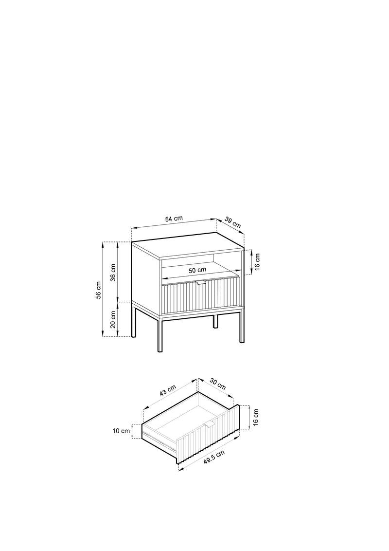  Wymiary białego stolika nocnego Natt CZ54 - 54 cm długości, 39 cm szerokości, 56 cm wysokości.