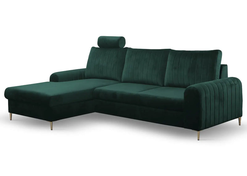 Zielony narożnik z funkcją spania na nóżkach 