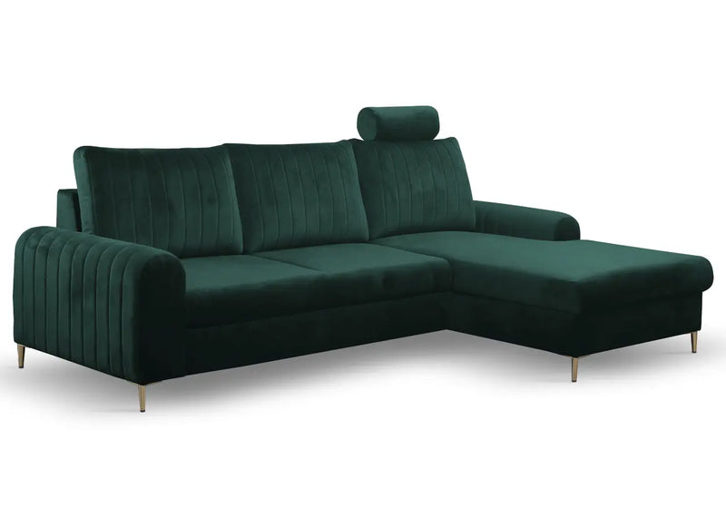 Zielony narożnik w modnej tkaninie z funkcją spania