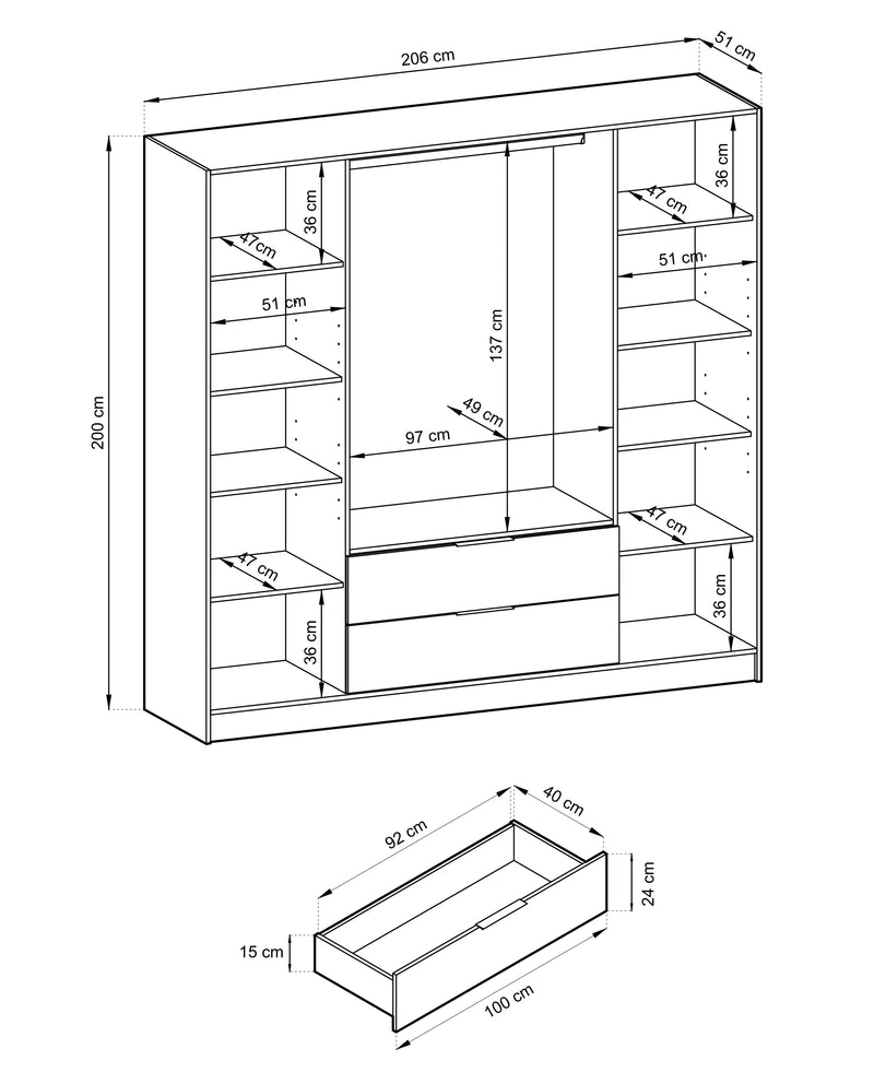 Duża szafa Naven 4D - grafitowa z lamelami dąb wymiary!