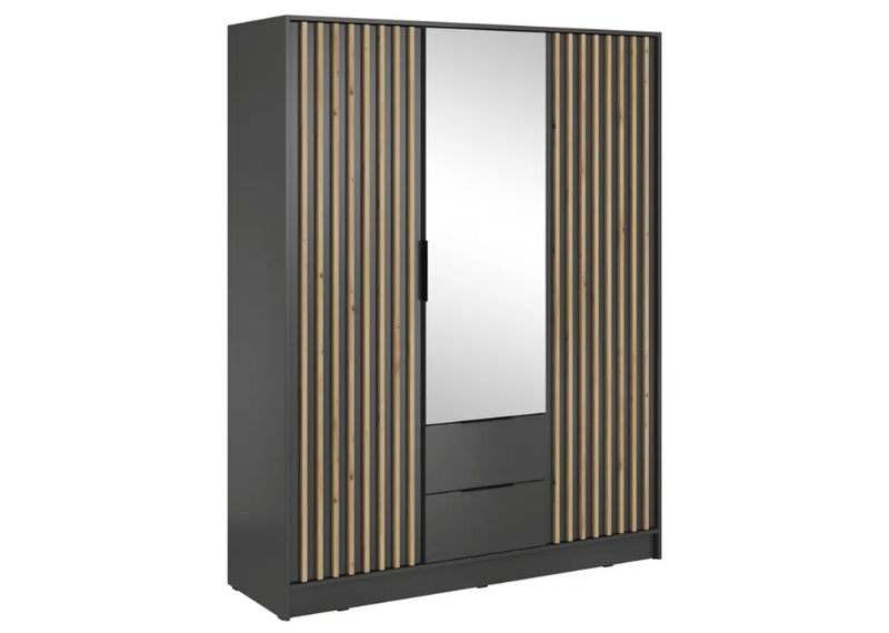 Grafitowa szafa z lamelami i lustrem oraz szufladami