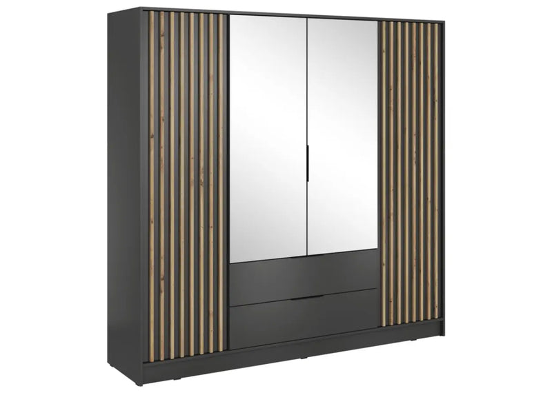 Duża szafa w grafitowym kolorze wraz z lamelami i lustrem