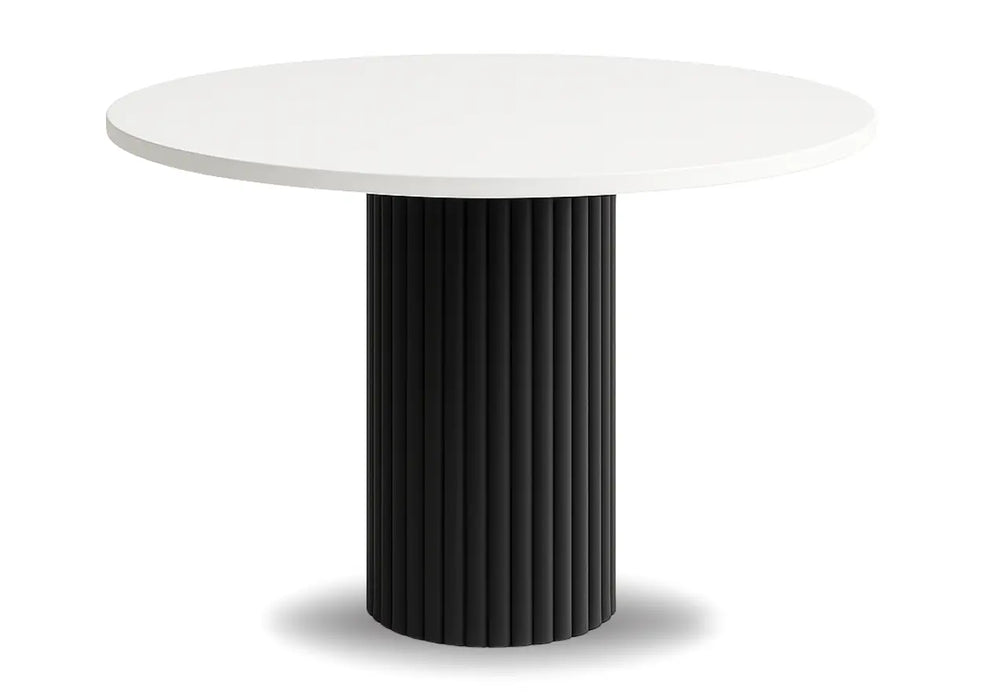 Stół Nesta z białym okrągłym blatem i czarną nogą