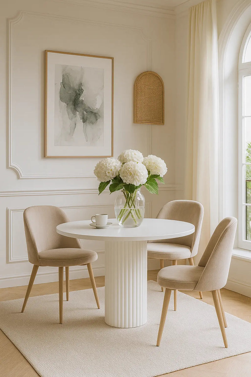 Przytulny salon z białym stołem Nesta i beżowymi krzesłami