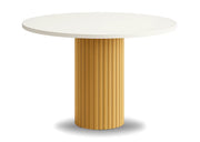 Biały okrągły blat i złota noga w stole Nesta