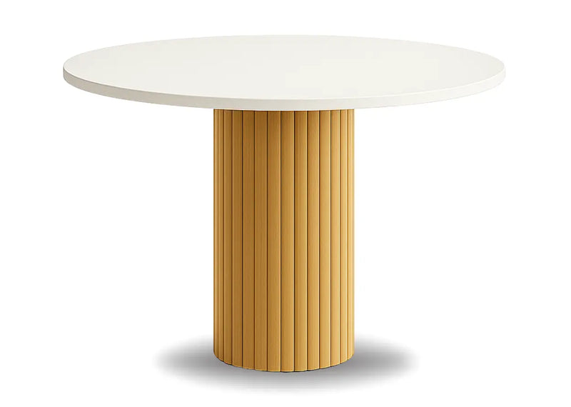 Biały okrągły blat i złota noga w stole Nesta