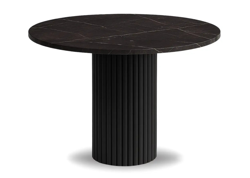 Modny stół Nesta z blatem w kolorze ciemnego marmuru i czarną nogą
