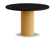 Okrągły stół nesta z blatem w kolorze ciemnego marmuru i nogą w kolorze złotym