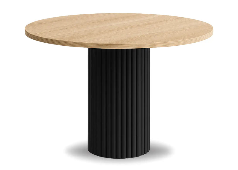 Okrągły blat w kolorze sonoma i czarna noga stołu Nesta
