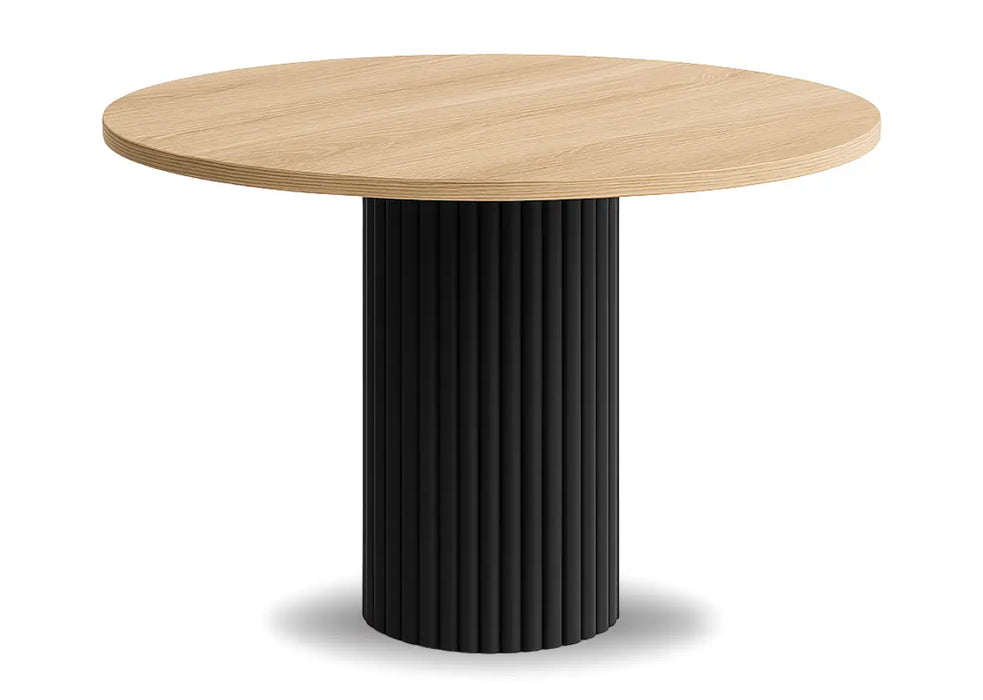 Okrągły blat w kolorze sonoma i czarna noga stołu Nesta