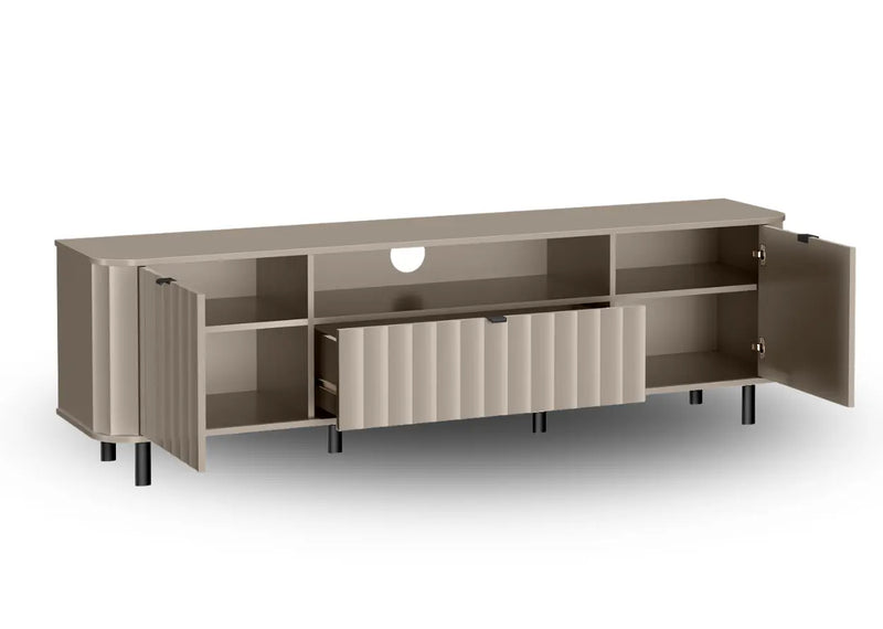 Szafka RTV Novado 5 – szara ryflowana szafka pod TV z półkami