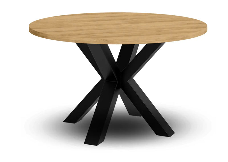 Okrągły stolik kawowy z blatem w kolorze hikora i czarną nogą