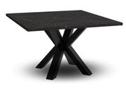 Kwadratowy stolik kawowy z czarną nogą i blatem w kolorze czarnego marmuru