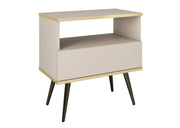 Beżowy stolik nocny ze złotymi akcentami i na czarnych nóżkach